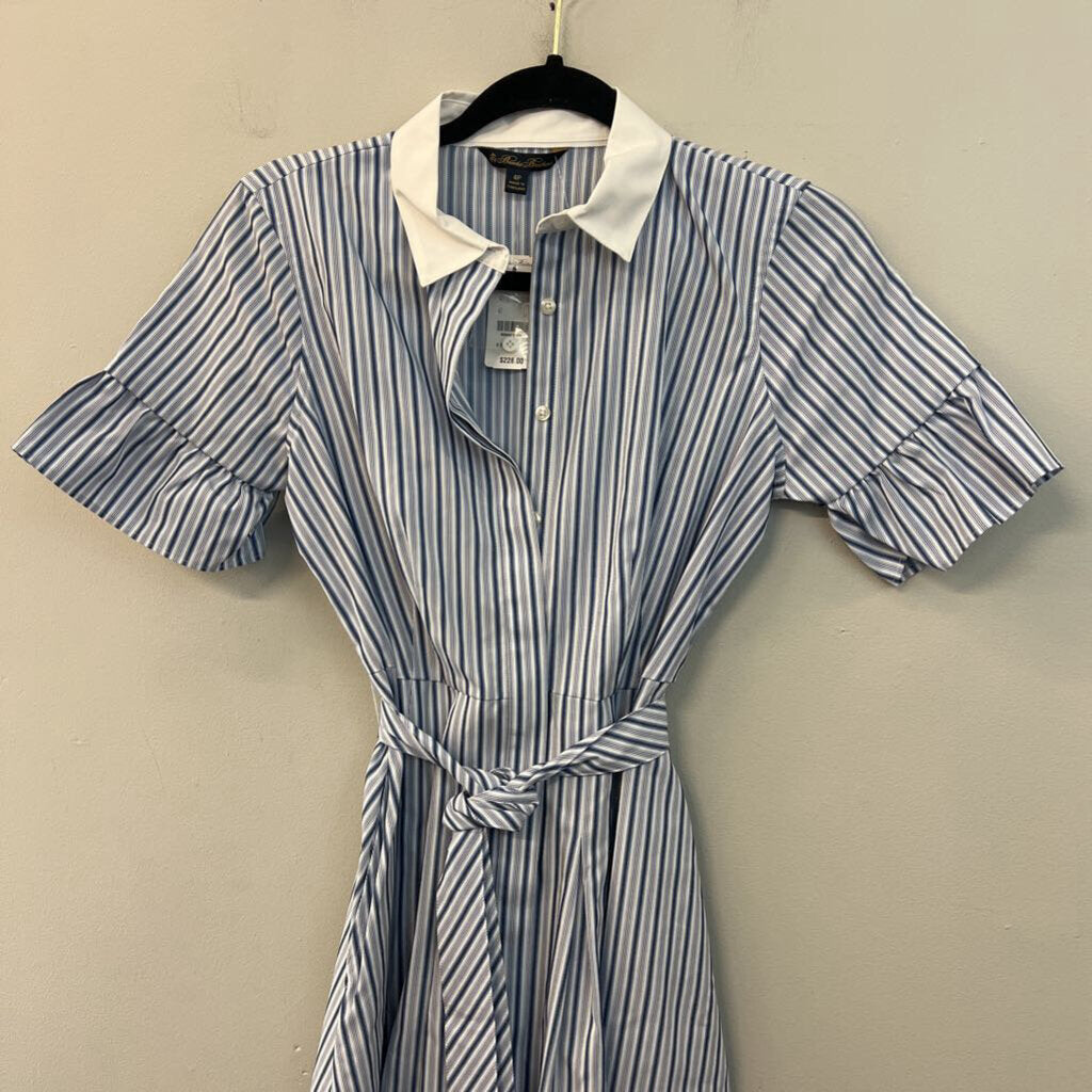 Brooks Brothers White/ Blue Striped Short Sleeve Button Down Tie Waist Dress 4 Petite