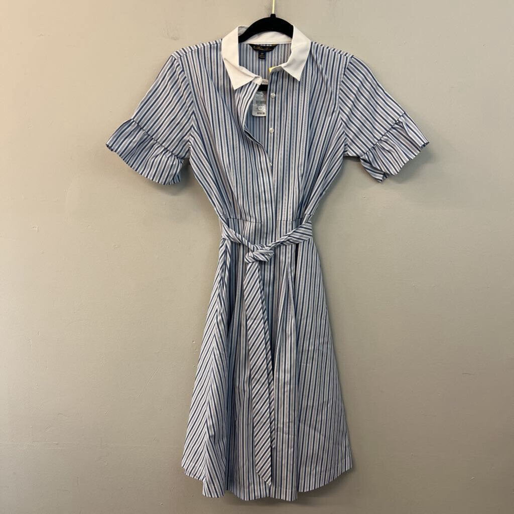 Brooks Brothers White/ Blue Striped Short Sleeve Button Down Tie Waist Dress 4 Petite