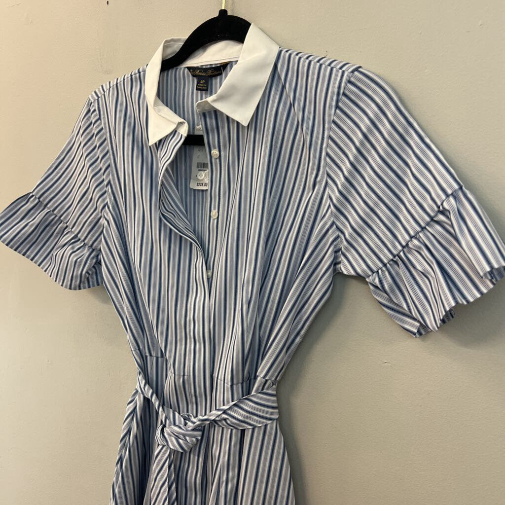 Brooks Brothers White/ Blue Striped Short Sleeve Button Down Tie Waist Dress 4 Petite