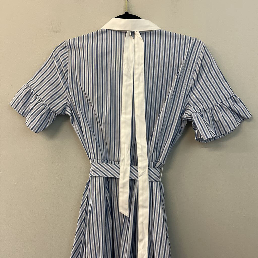 Brooks Brothers White/ Blue Striped Short Sleeve Button Down Tie Waist Dress 4 Petite