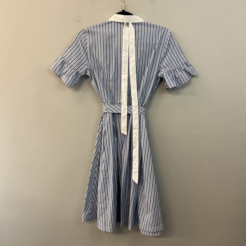 Brooks Brothers White/ Blue Striped Short Sleeve Button Down Tie Waist Dress 4 Petite
