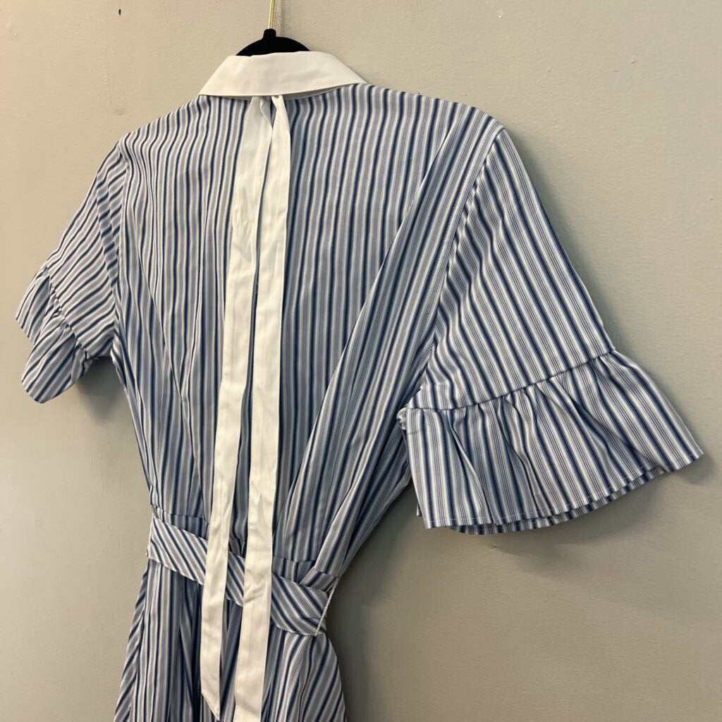 Brooks Brothers White/ Blue Striped Short Sleeve Button Down Tie Waist Dress 4 Petite
