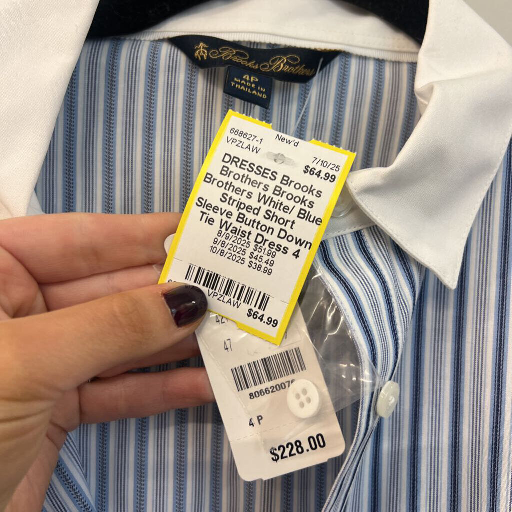 Brooks Brothers White/ Blue Striped Short Sleeve Button Down Tie Waist Dress 4 Petite
