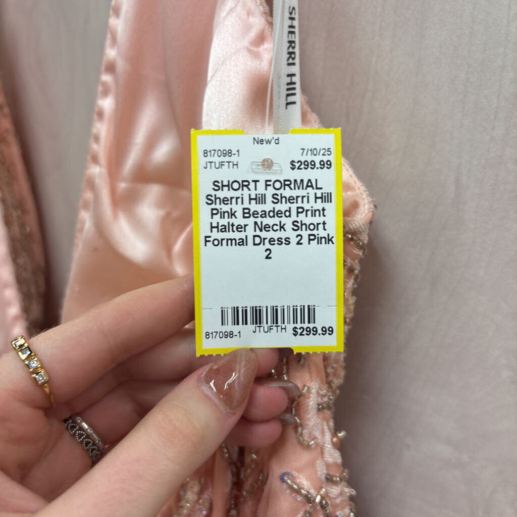 Sherri Hill Pink Beaded Print Halter Neck Short Formal Dress 2