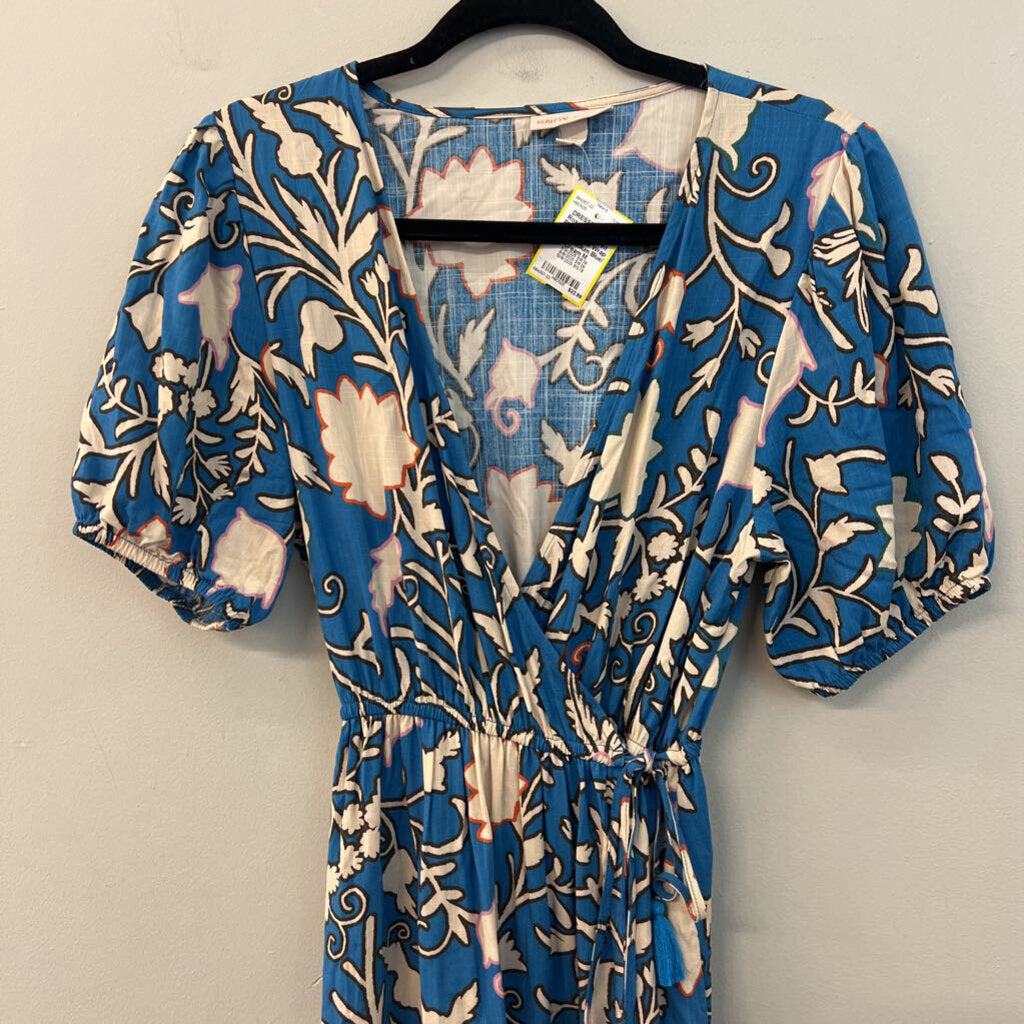 Knox Rose Blue/ Cream Print Short Sleeve Wrap Dress Medium