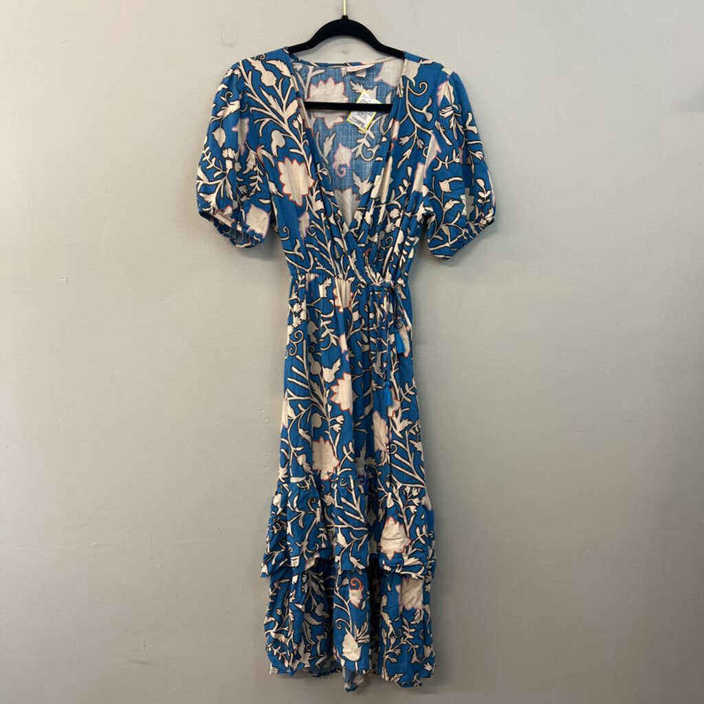 Knox Rose Blue/ Cream Print Short Sleeve Wrap Dress Medium