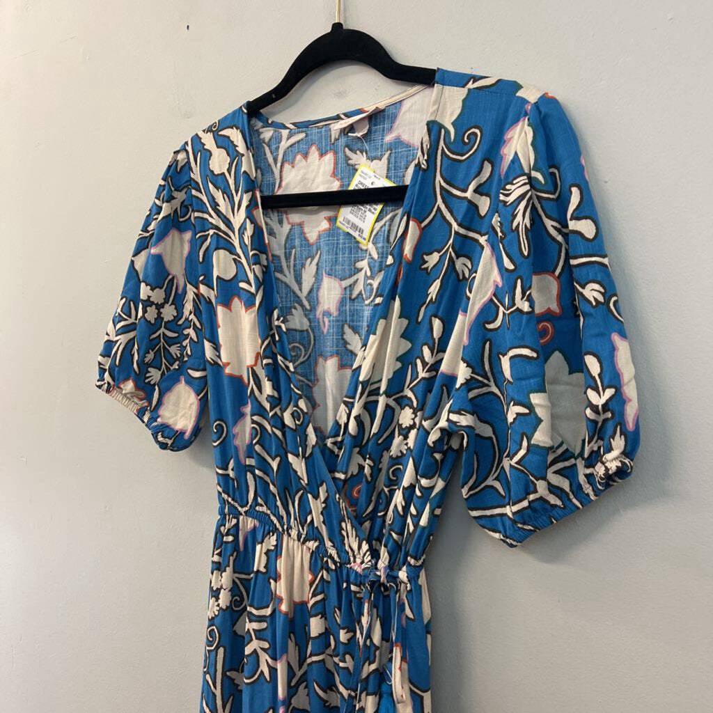 Knox Rose Blue/ Cream Print Short Sleeve Wrap Dress Medium