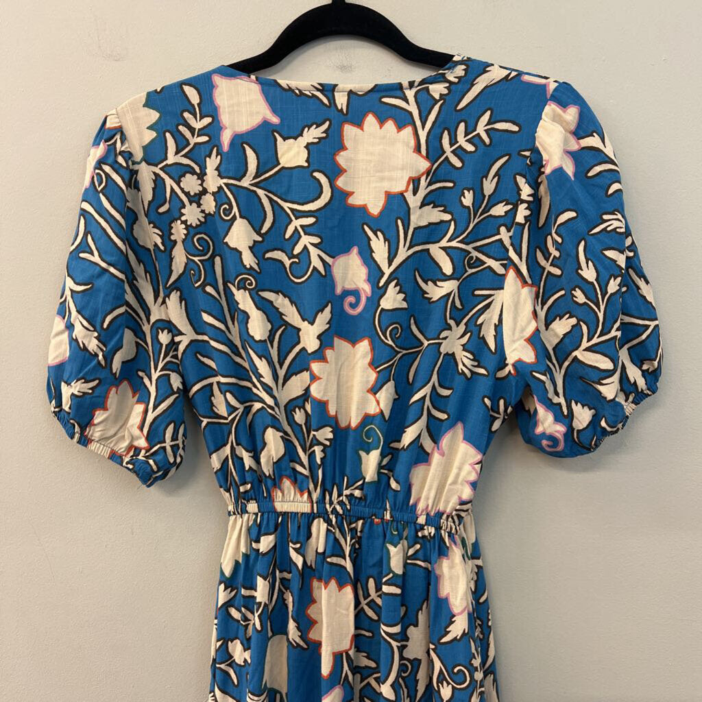 Knox Rose Blue/ Cream Print Short Sleeve Wrap Dress Medium