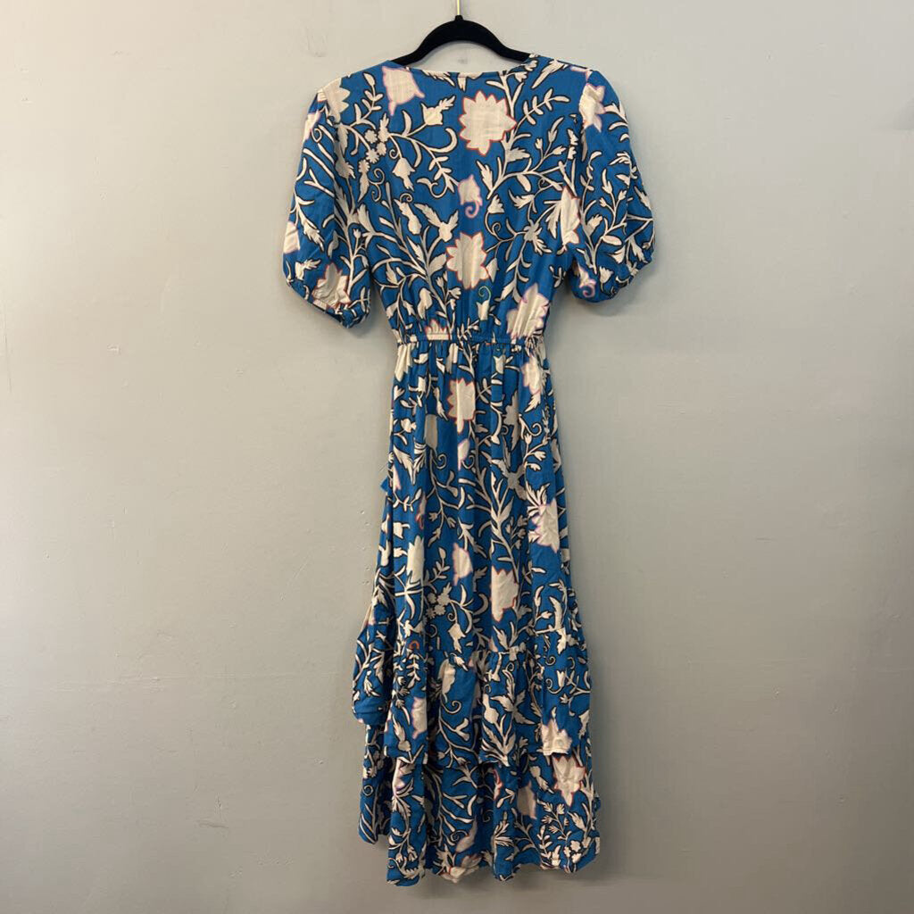Knox Rose Blue/ Cream Print Short Sleeve Wrap Dress Medium