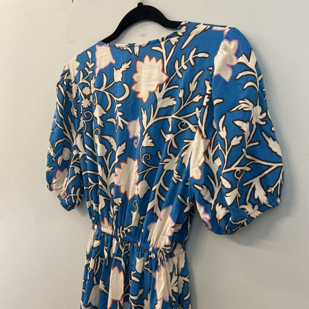 Knox Rose Blue/ Cream Print Short Sleeve Wrap Dress Medium