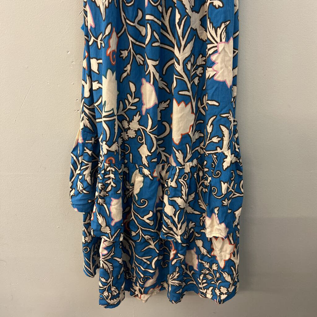 Knox Rose Blue/ Cream Print Short Sleeve Wrap Dress Medium