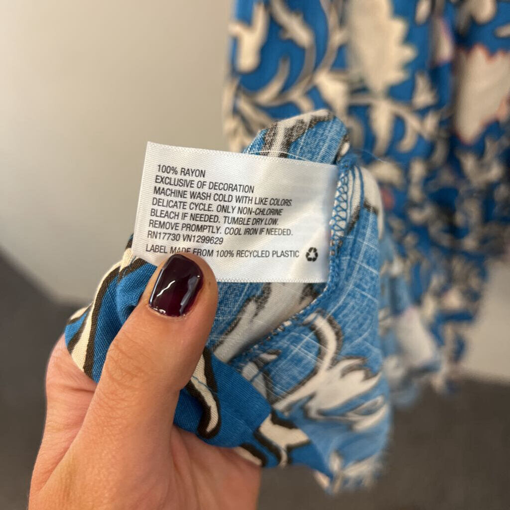 Knox Rose Blue/ Cream Print Short Sleeve Wrap Dress Medium