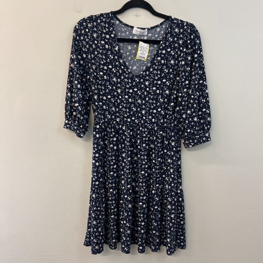 Kaileigh Navy/ White Flower Print Long Sleeve Dress Medium