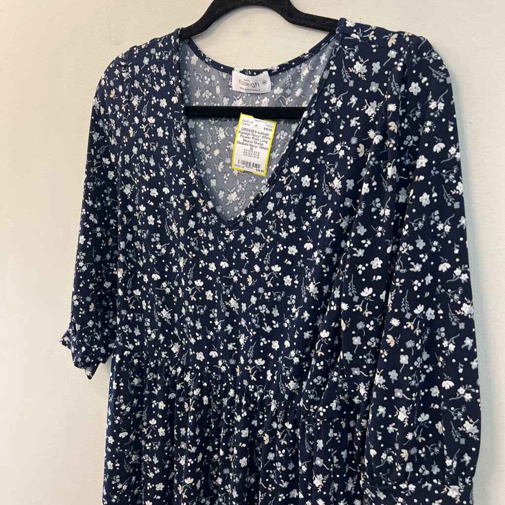Kaileigh Navy/ White Flower Print Long Sleeve Dress Medium