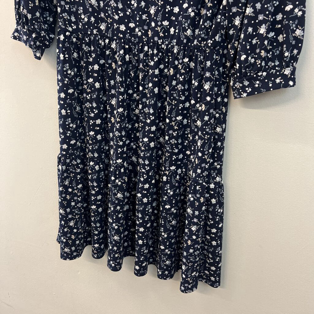 Kaileigh Navy/ White Flower Print Long Sleeve Dress Medium