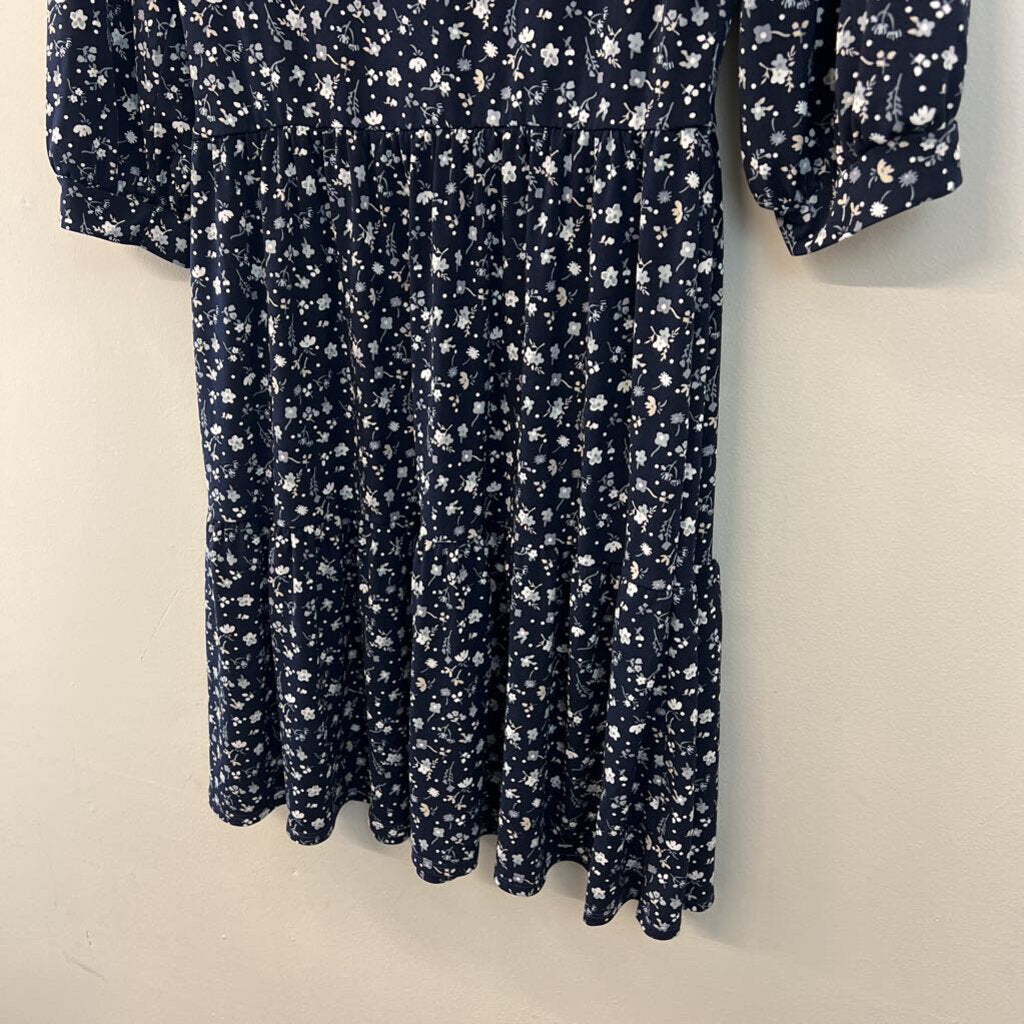 Kaileigh Navy/ White Flower Print Long Sleeve Dress Medium