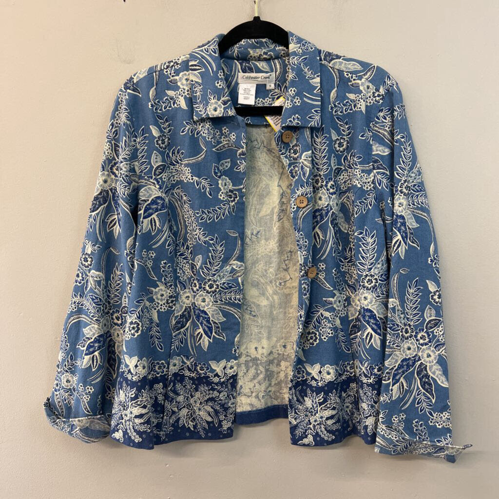 Coldwater Creek Blue Print Embellished Long Sleeve Top Small