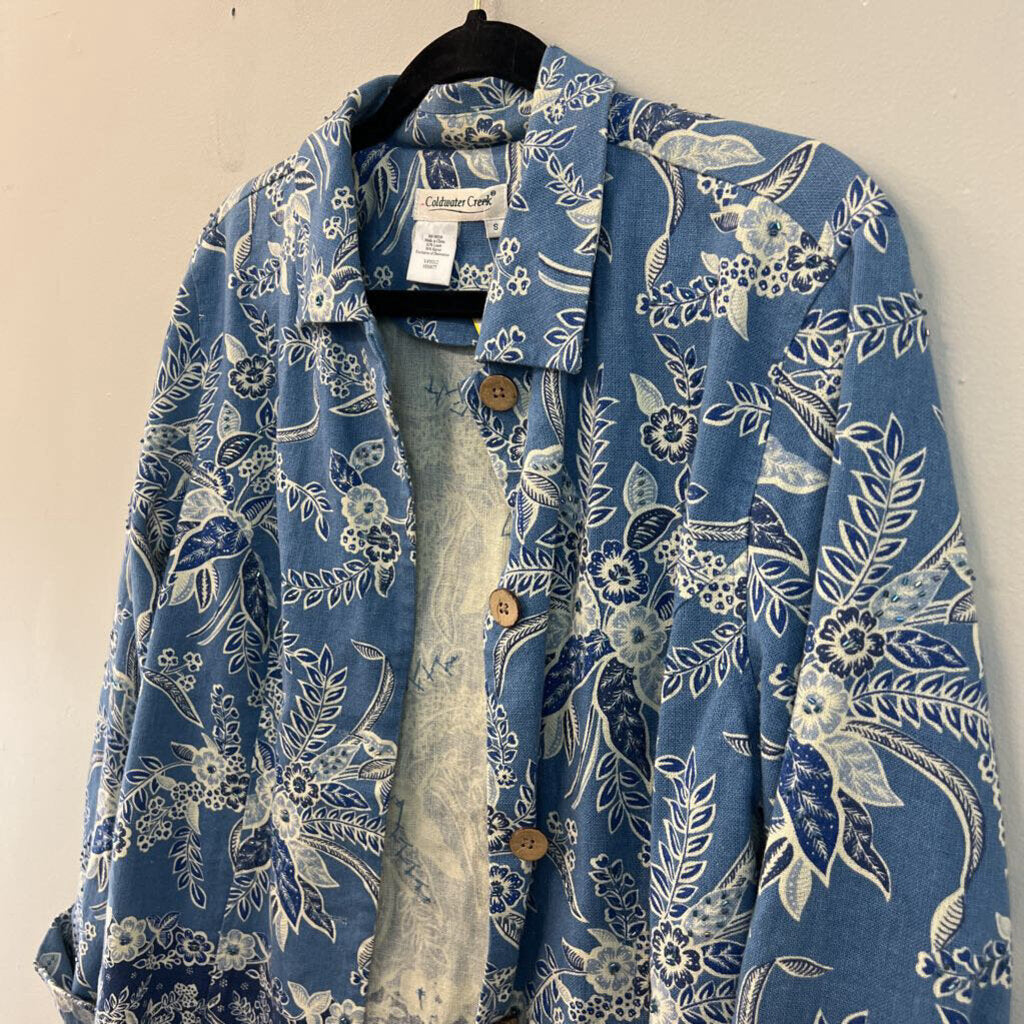 Coldwater Creek Blue Print Embellished Long Sleeve Top Small