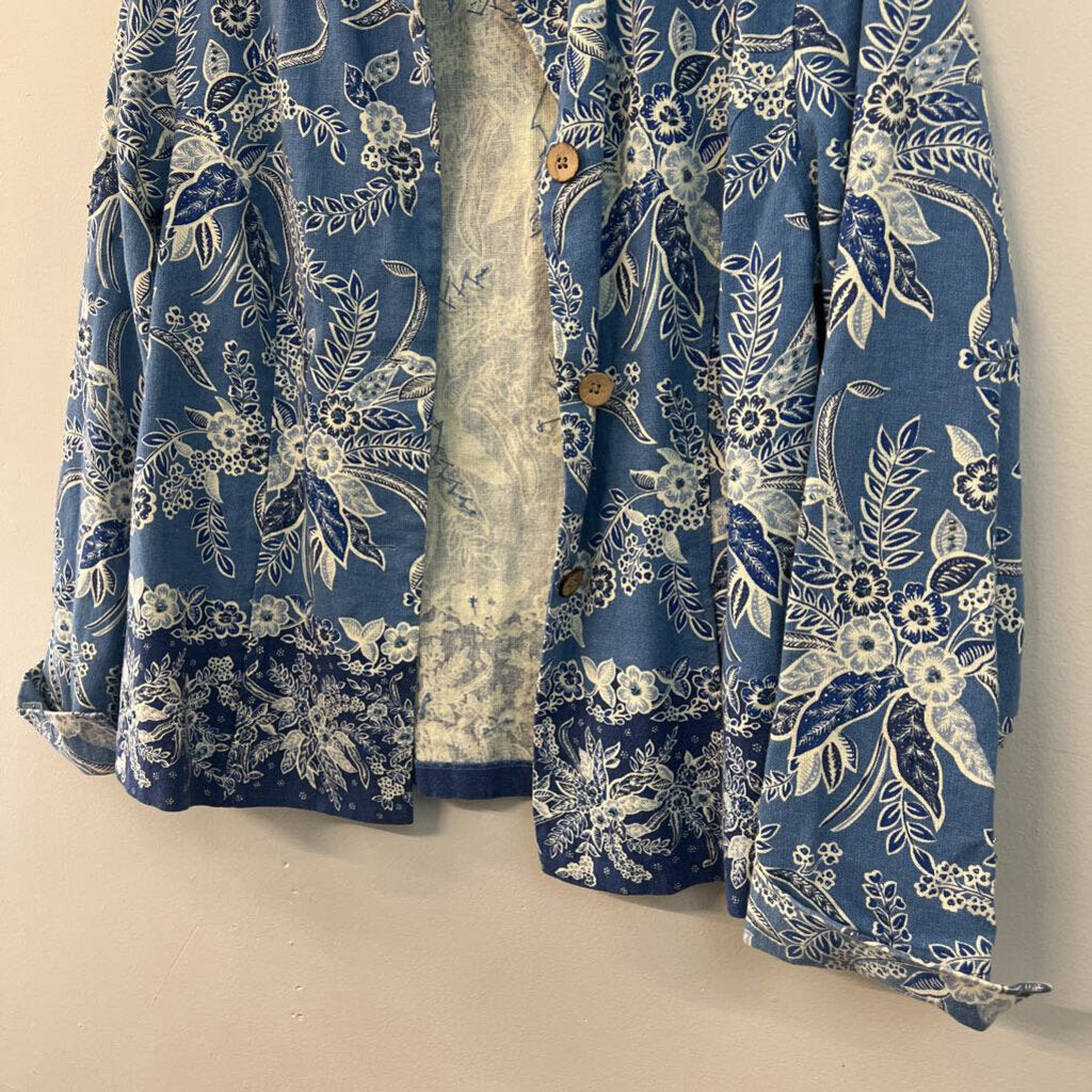 Coldwater Creek Blue Print Embellished Long Sleeve Top Small