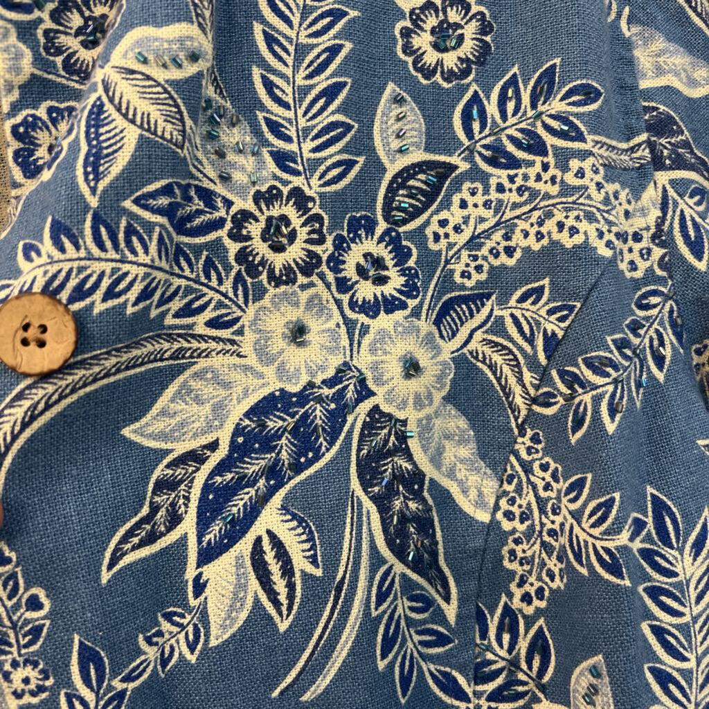 Coldwater Creek Blue Print Embellished Long Sleeve Top Small