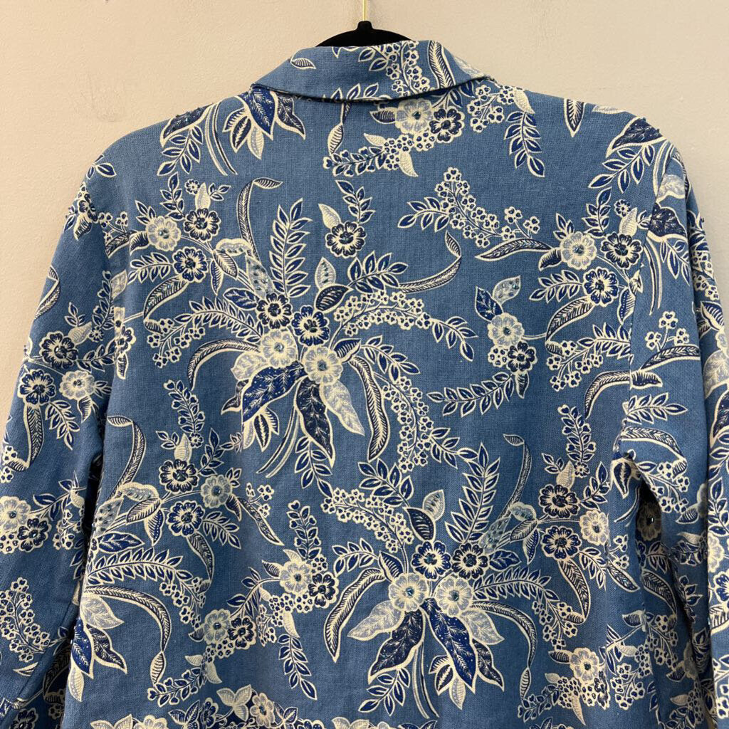 Coldwater Creek Blue Print Embellished Long Sleeve Top Small