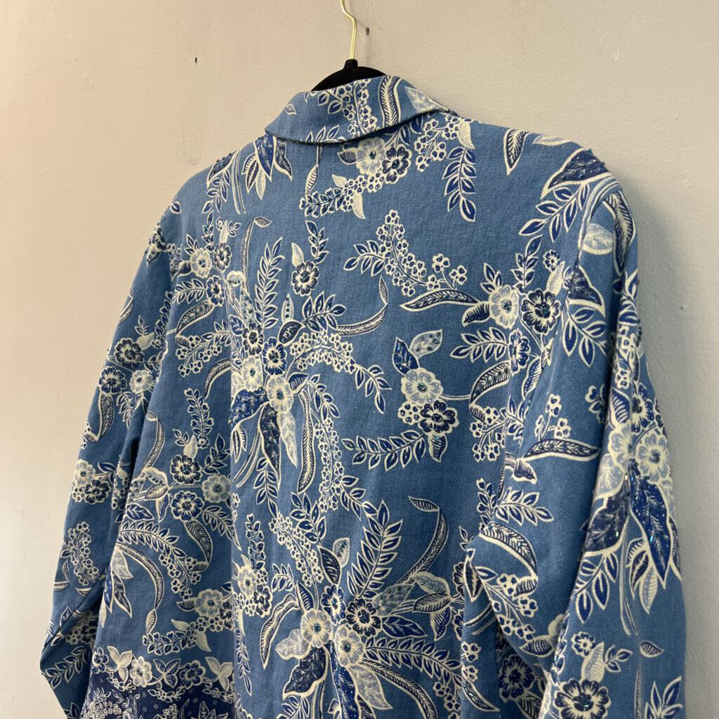 Coldwater Creek Blue Print Embellished Long Sleeve Top Small