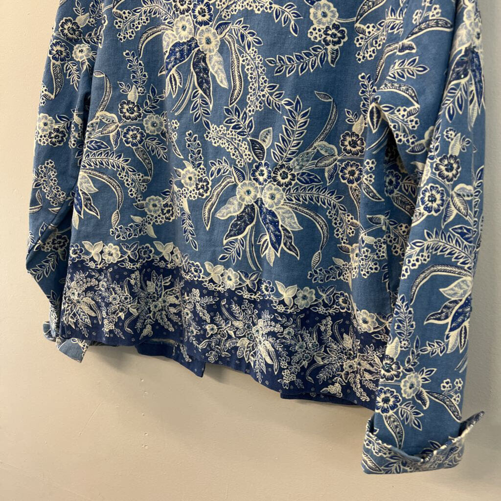 Coldwater Creek Blue Print Embellished Long Sleeve Top Small
