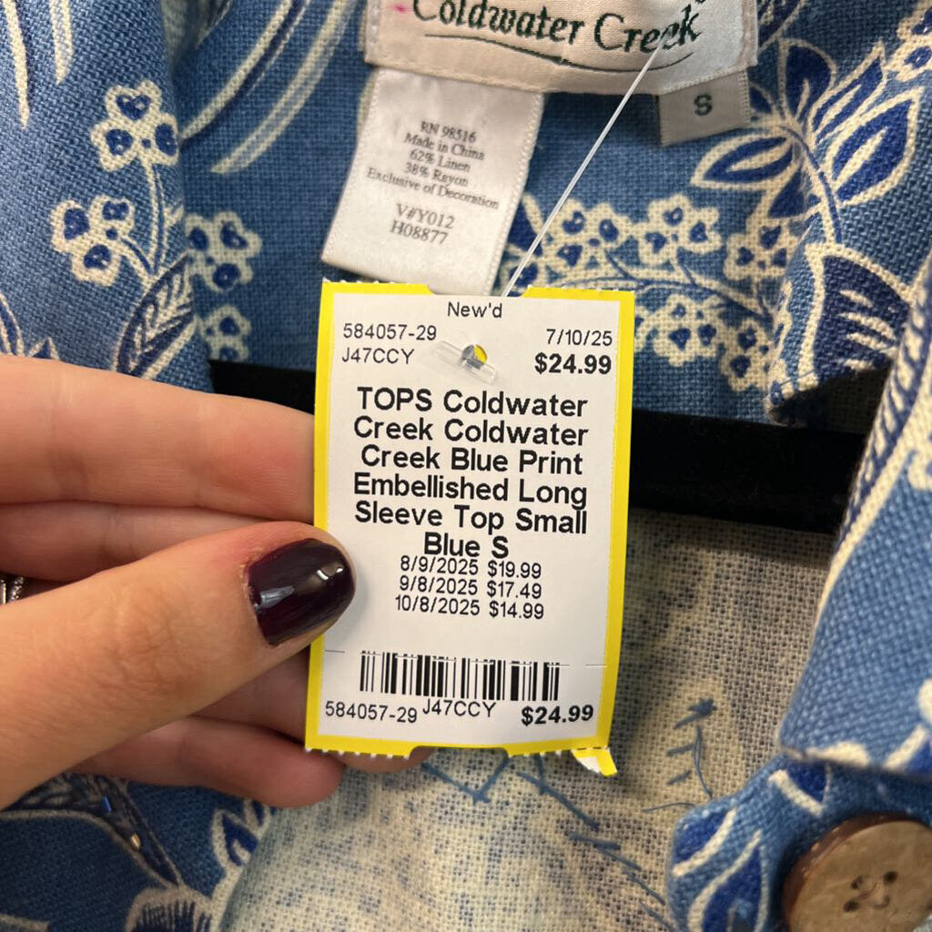 Coldwater Creek Blue Print Embellished Long Sleeve Top Small