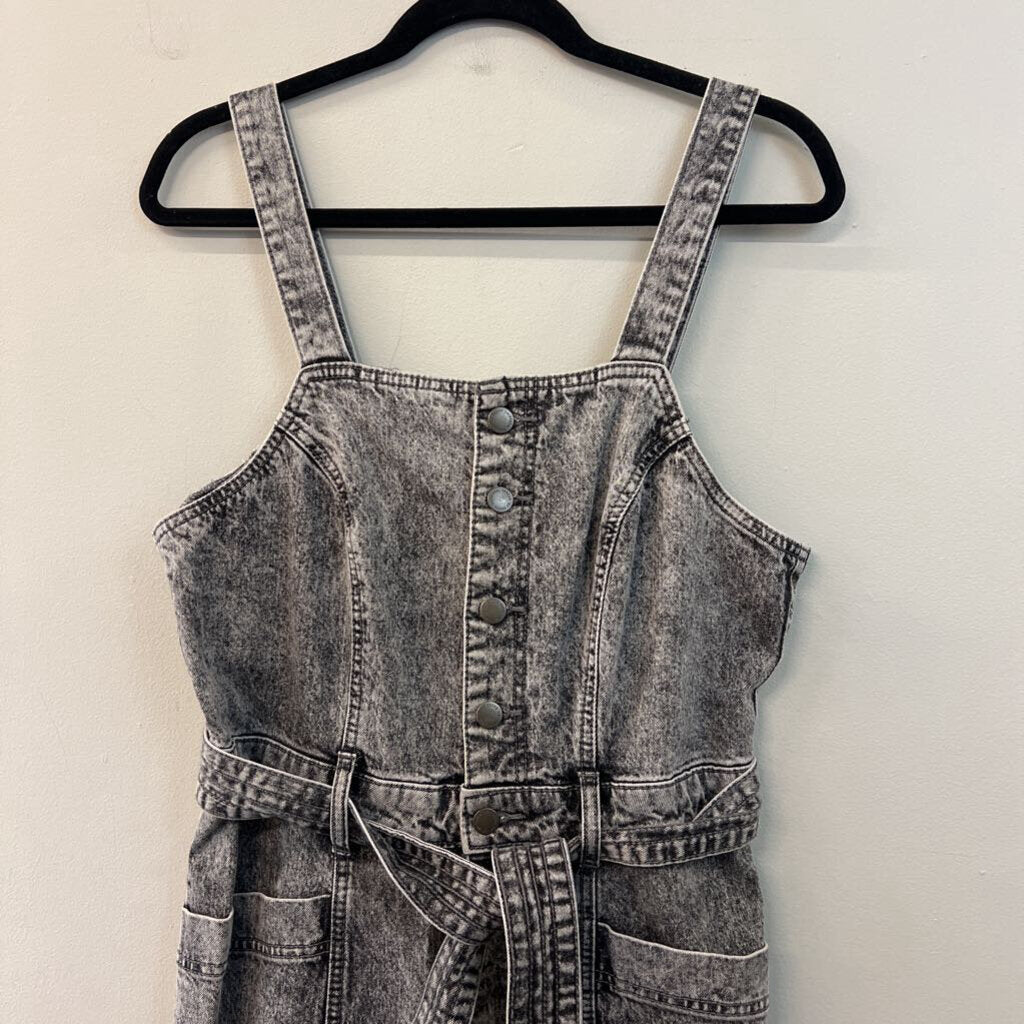 Black Acid Wash Denim Tie Waist Overalls 10