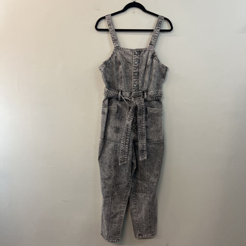 Black Acid Wash Denim Tie Waist Overalls 10