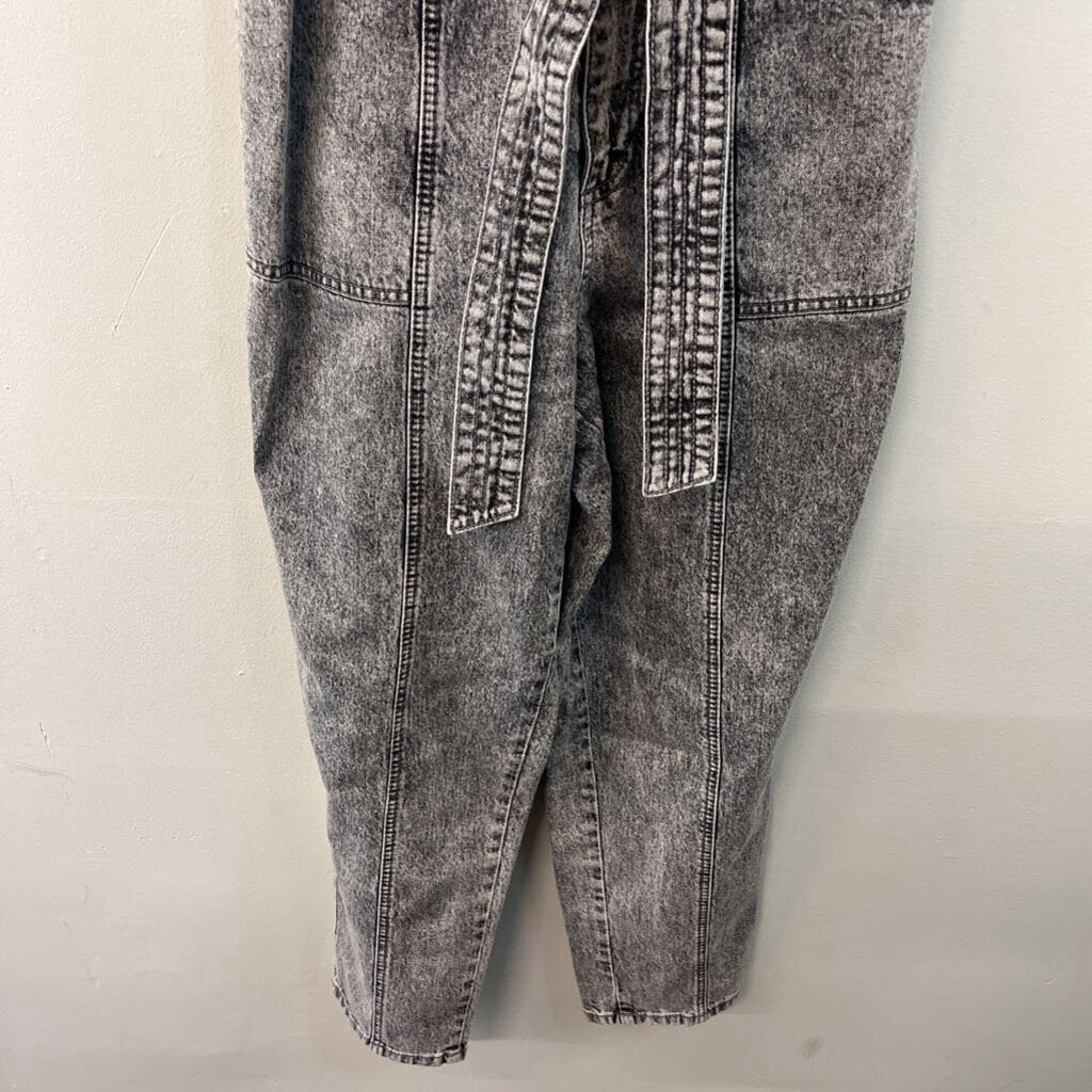 Black Acid Wash Denim Tie Waist Overalls 10
