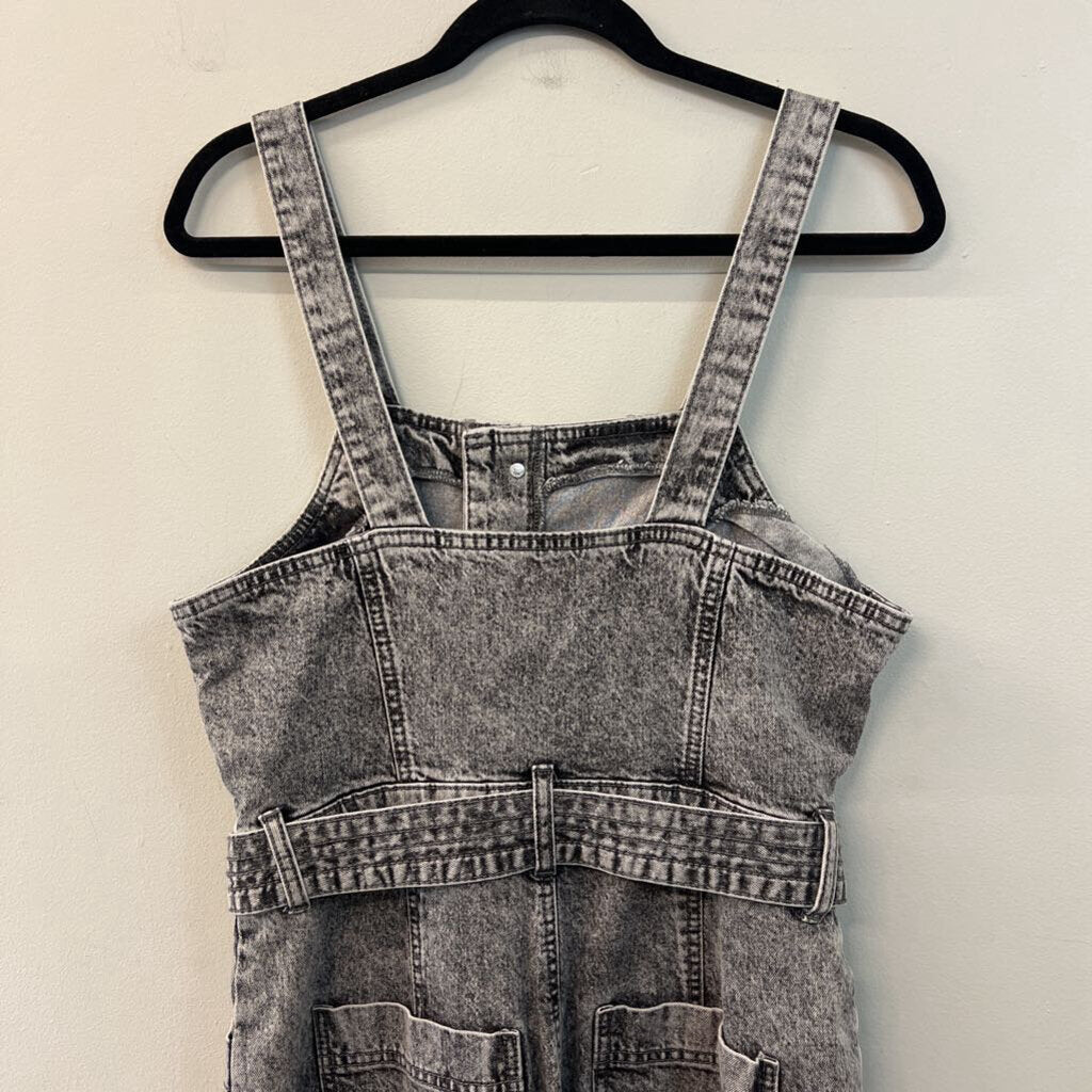Black Acid Wash Denim Tie Waist Overalls 10