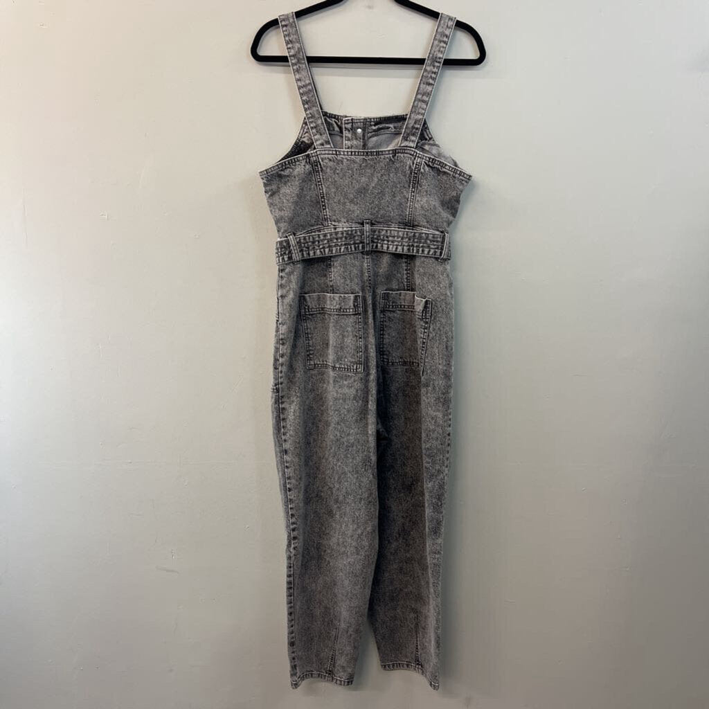Black Acid Wash Denim Tie Waist Overalls 10