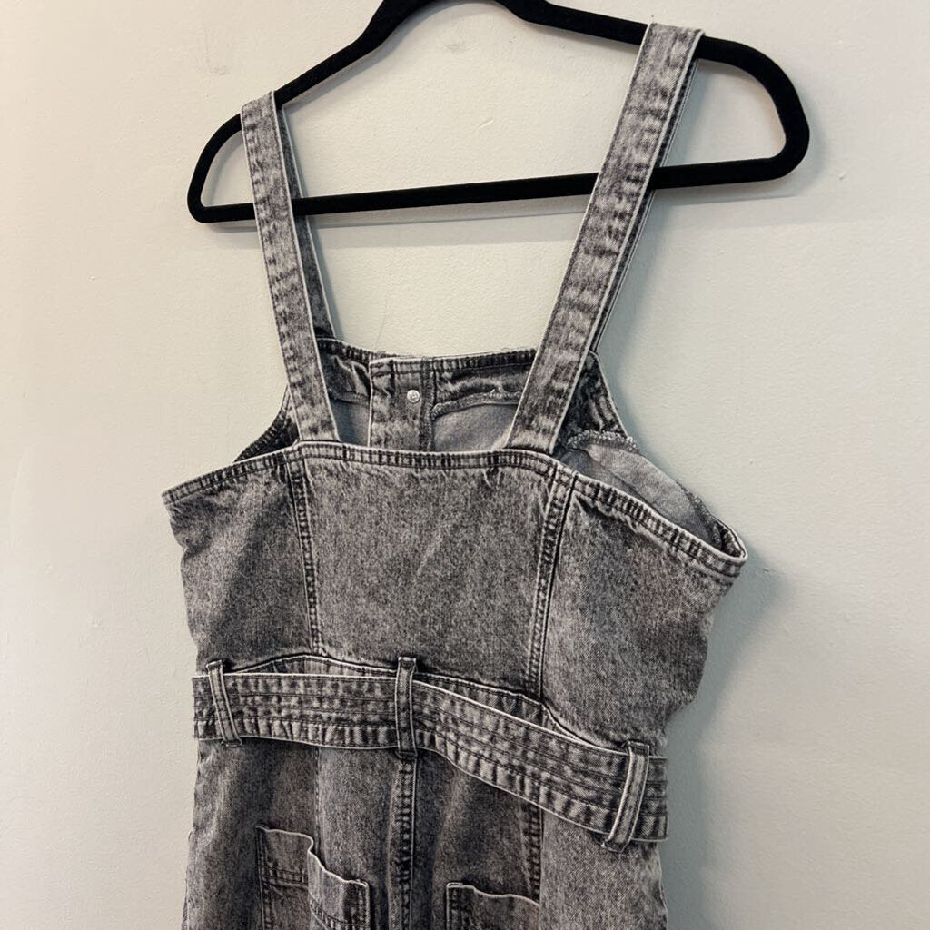 Black Acid Wash Denim Tie Waist Overalls 10
