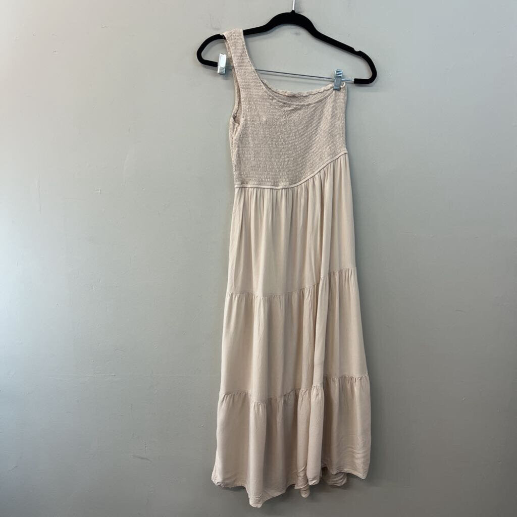 Zesica Beige Smocked Top One Shoulder Maxi Dress Medium