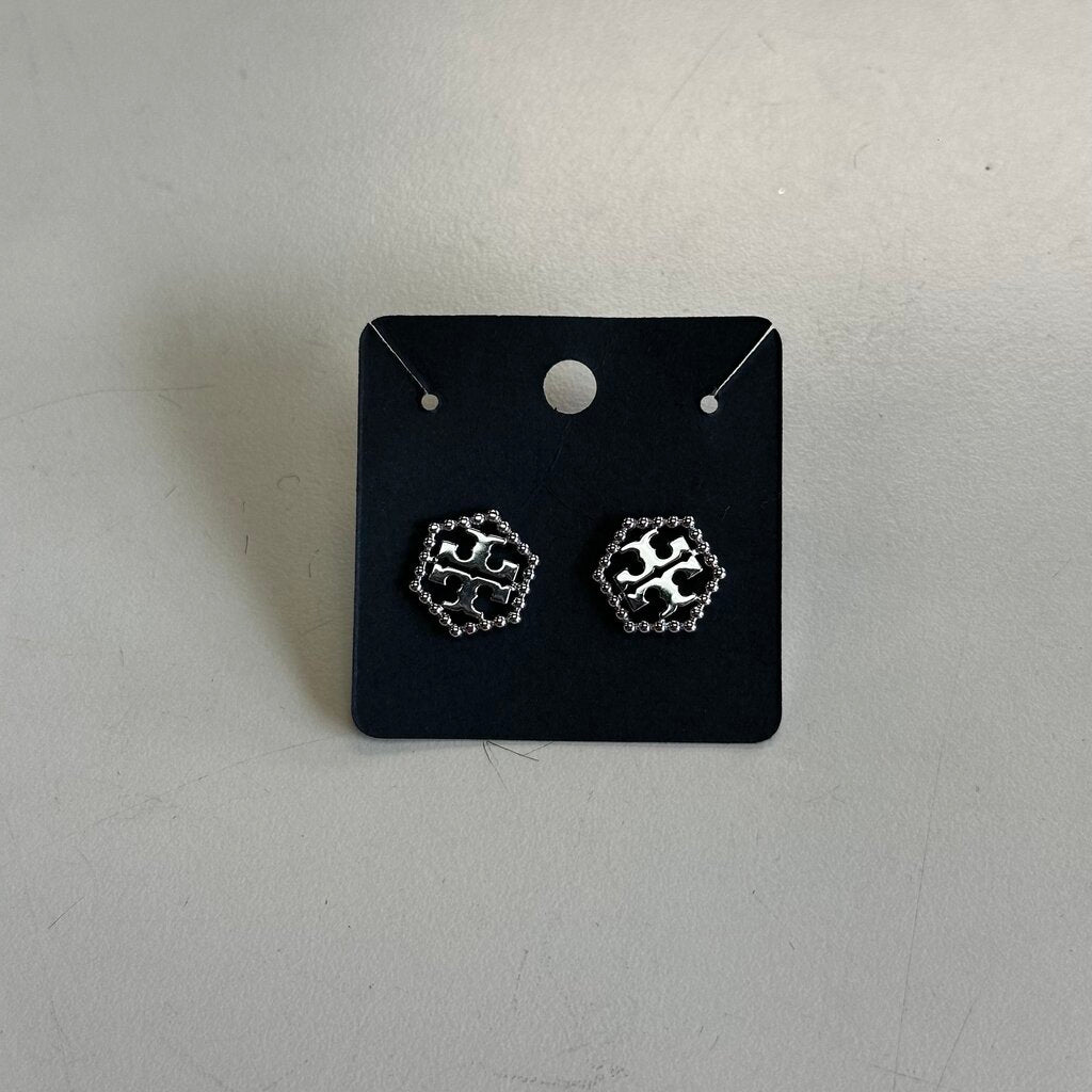 Tory Burch Silver Logo Hex Stud Earrings