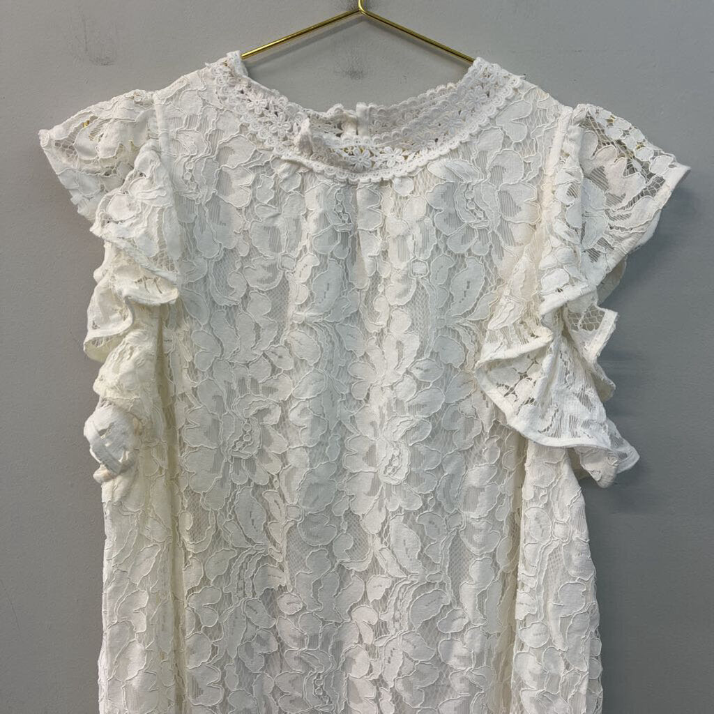 Sweet Lovely White Lace Mock Neck Short Ruffle Sleeve Dress 2XL