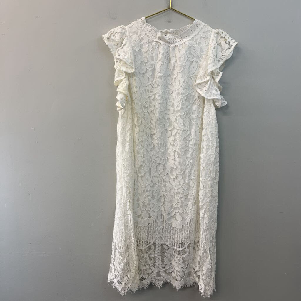Sweet Lovely White Lace Mock Neck Short Ruffle Sleeve Dress 2XL