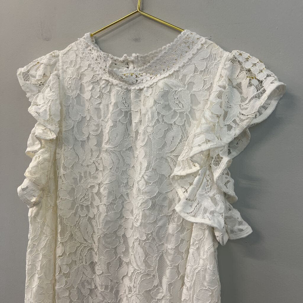 Sweet Lovely White Lace Mock Neck Short Ruffle Sleeve Dress 2XL