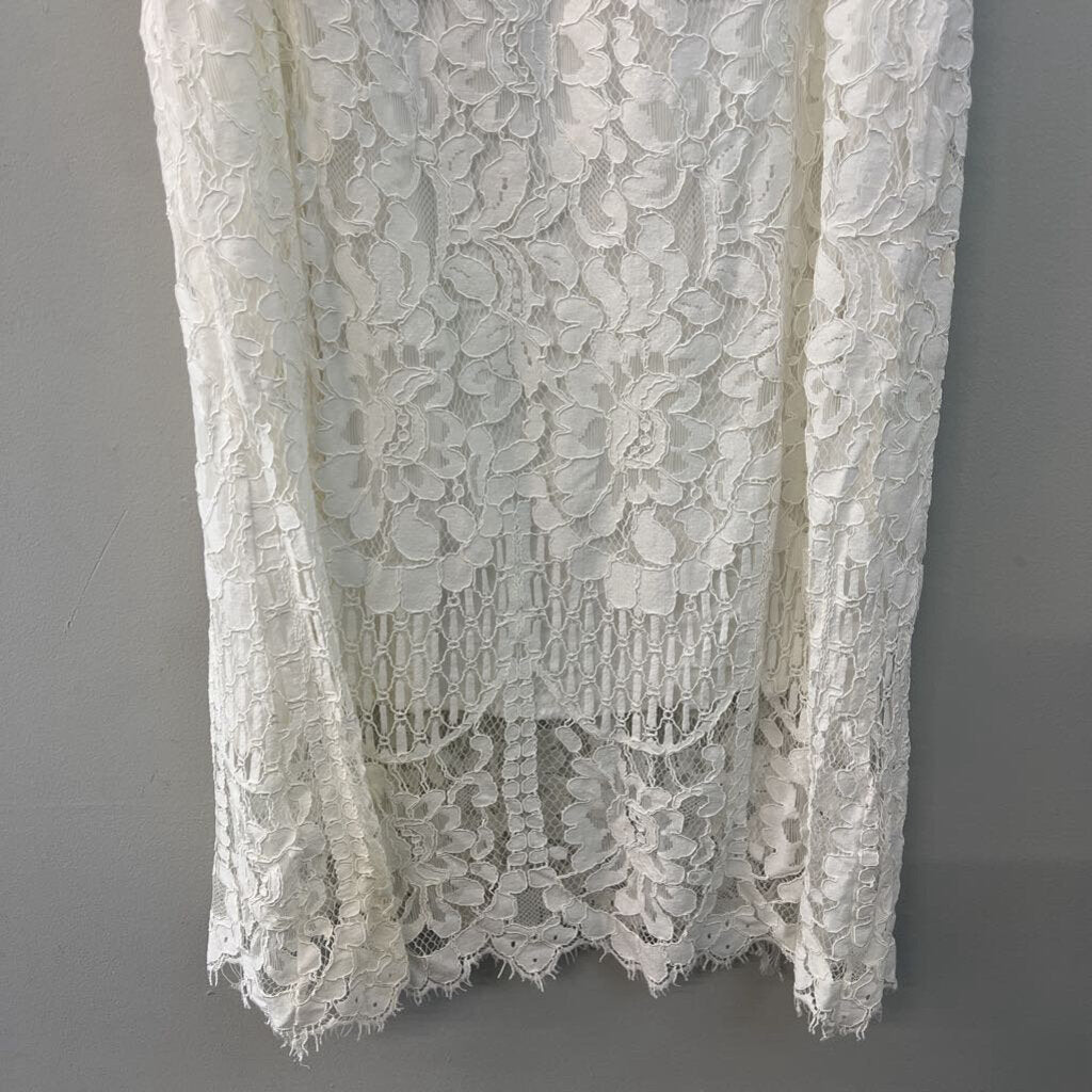 Sweet Lovely White Lace Mock Neck Short Ruffle Sleeve Dress 2XL