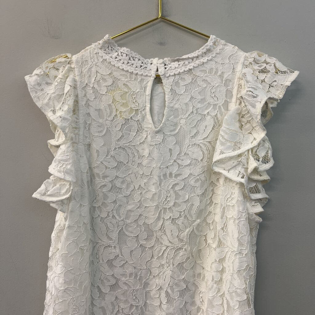 Sweet Lovely White Lace Mock Neck Short Ruffle Sleeve Dress 2XL