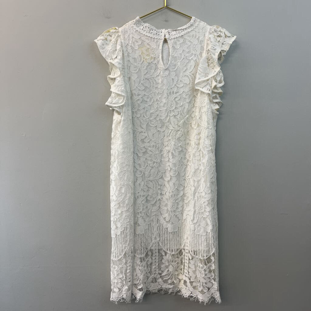Sweet Lovely White Lace Mock Neck Short Ruffle Sleeve Dress 2XL