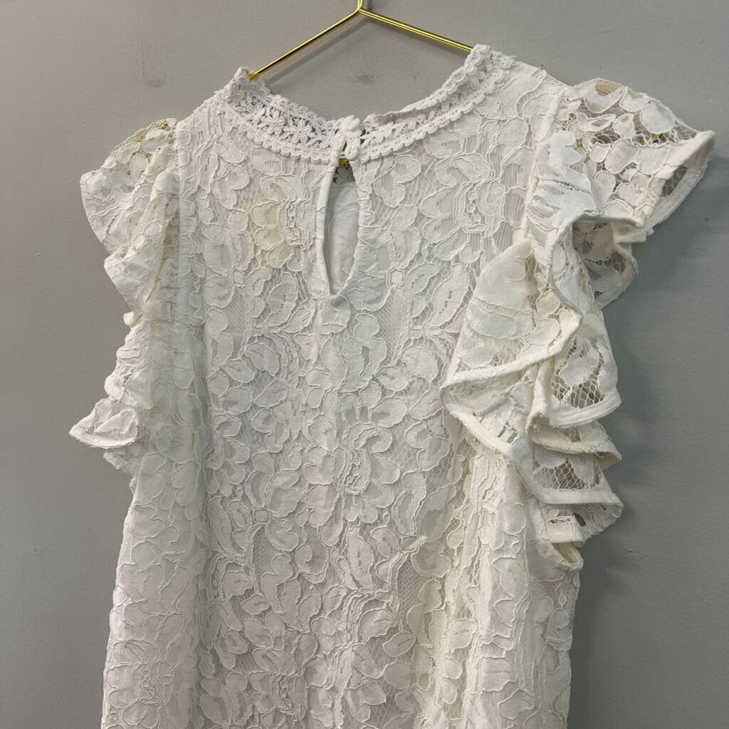 Sweet Lovely White Lace Mock Neck Short Ruffle Sleeve Dress 2XL