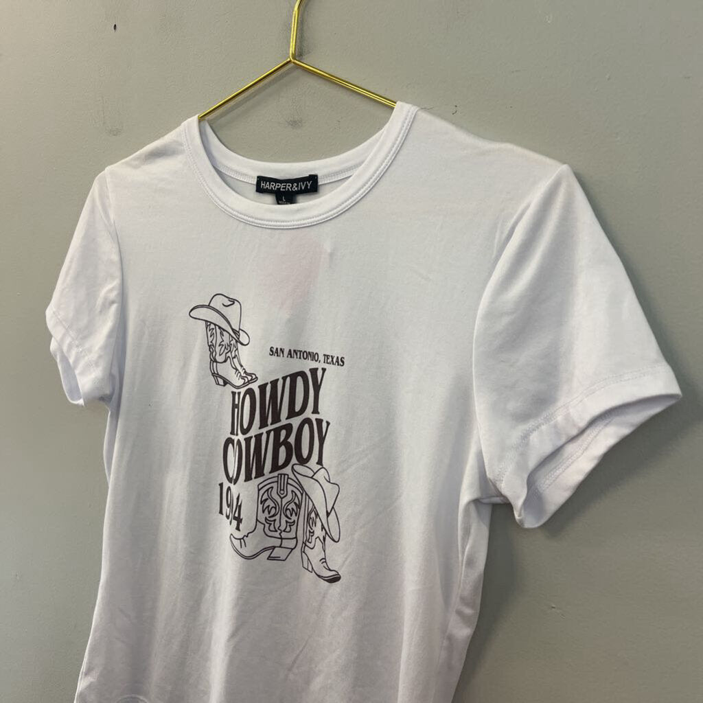 Harper and Ivy White/ Brown Howdy Cowboy Short Sleeve Top Large