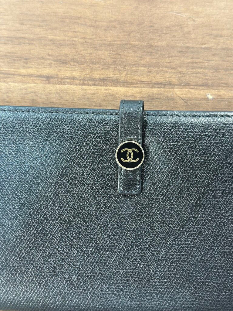 Chanel Black Caviar Leather CC Logo Button Long Bifold Wallet