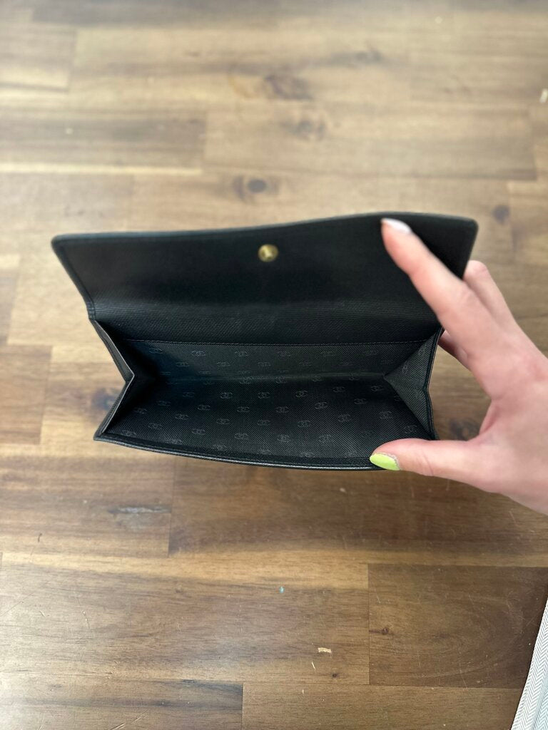 Chanel Black Caviar Leather CC Logo Button Long Bifold Wallet