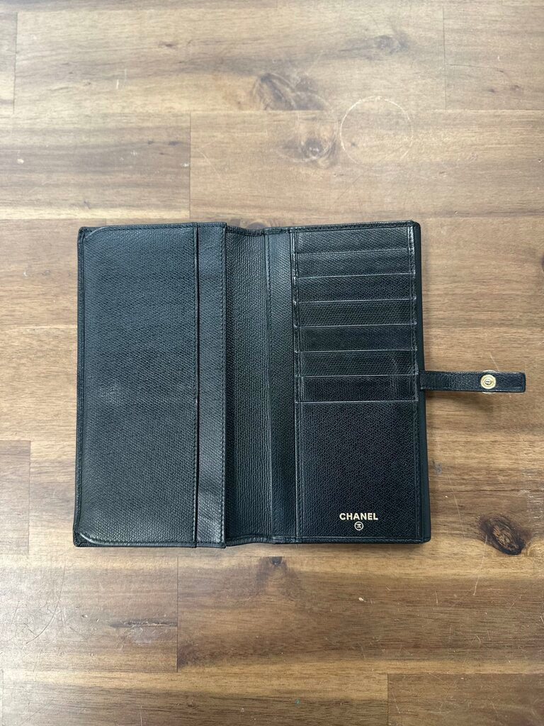 Chanel Black Caviar Leather CC Logo Button Long Bifold Wallet
