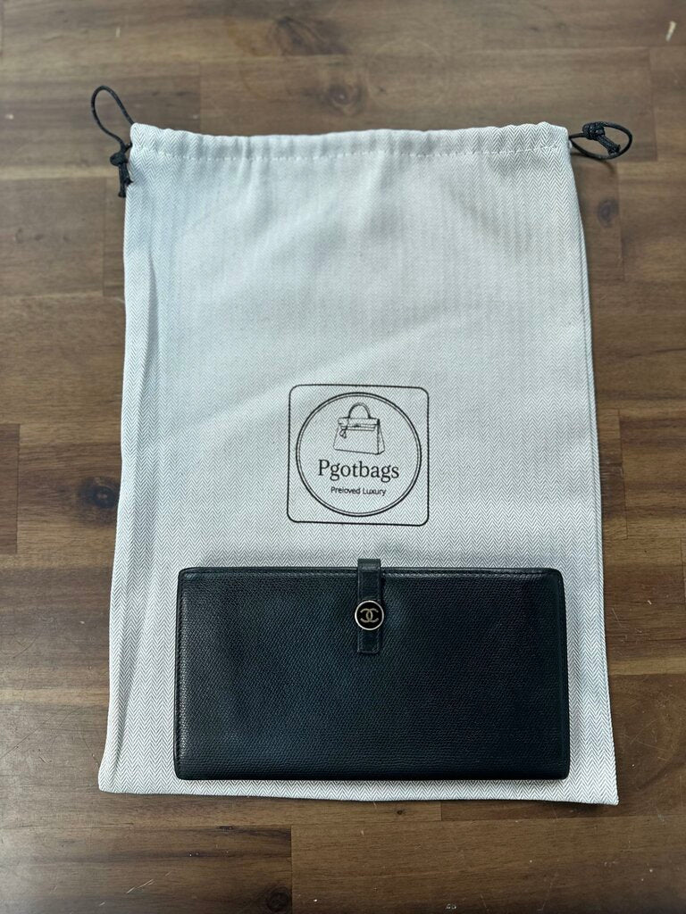 Chanel Black Caviar Leather CC Logo Button Long Bifold Wallet