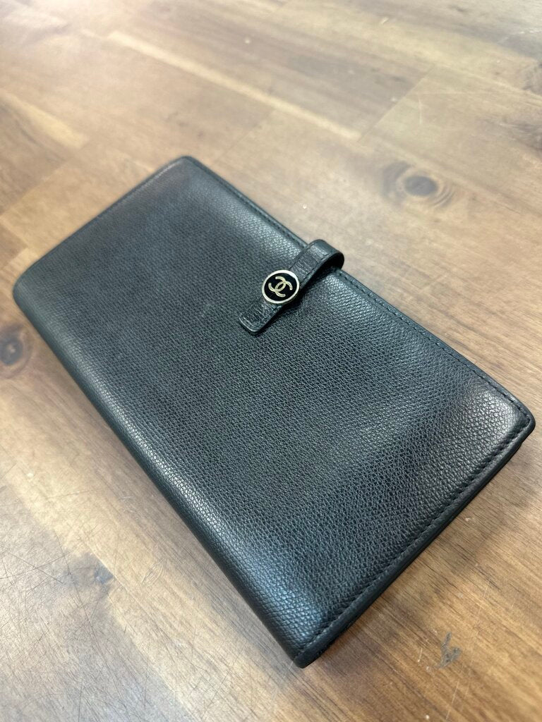 Chanel Black Caviar Leather CC Logo Button Long Bifold Wallet