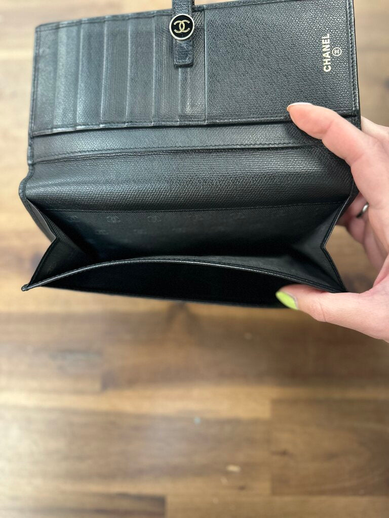 Chanel Black Caviar Leather CC Logo Button Long Bifold Wallet
